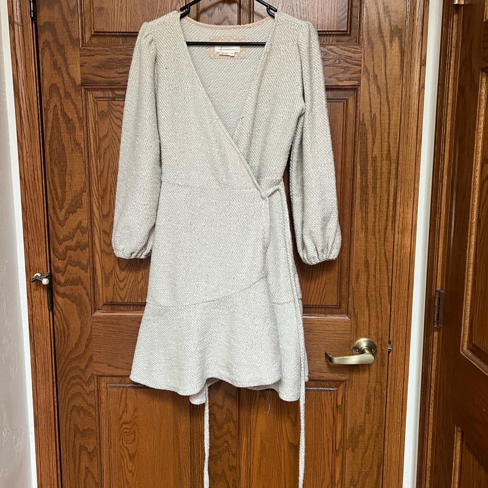 Cream Anthropologie Wrap Sweater Dress with Ruffle | size XS